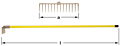 Composite image of a yellow-handled rake.  The image above shows a horizontal view of the rake head with fourteen tines pointed down from the rake head. The image underneath shows to the total length of the rake with the rake head on the left end.